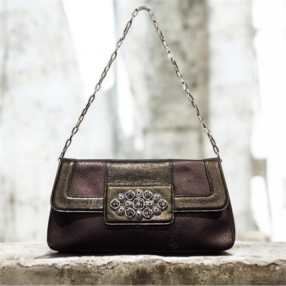 Brighton Bronze Snake Embossed Leather Jeweled Medallion Fold Over Clutch